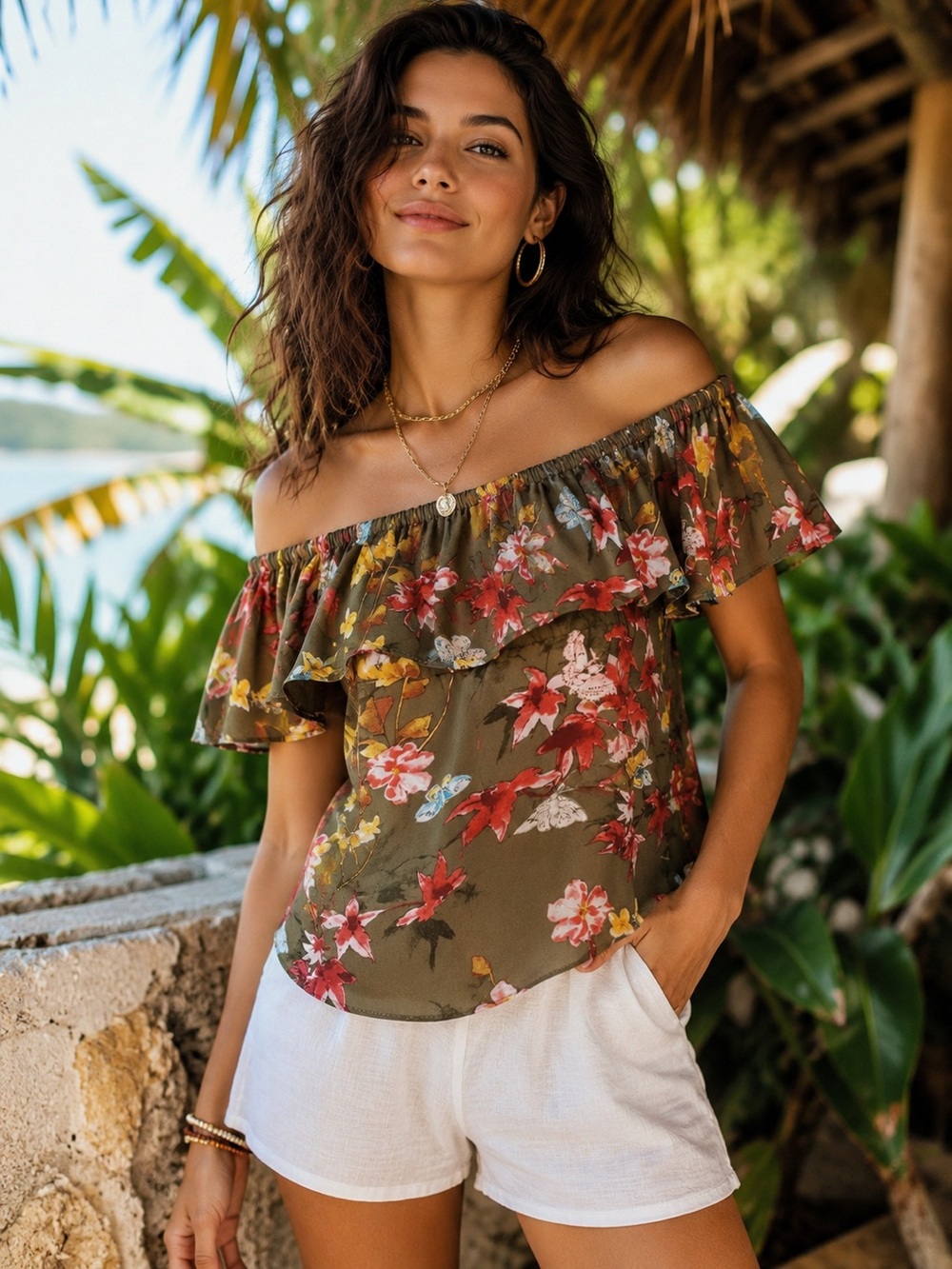 Anthropologie Maeve Olive Off the Shoulder Floral Print Top Resort Summer Tropic